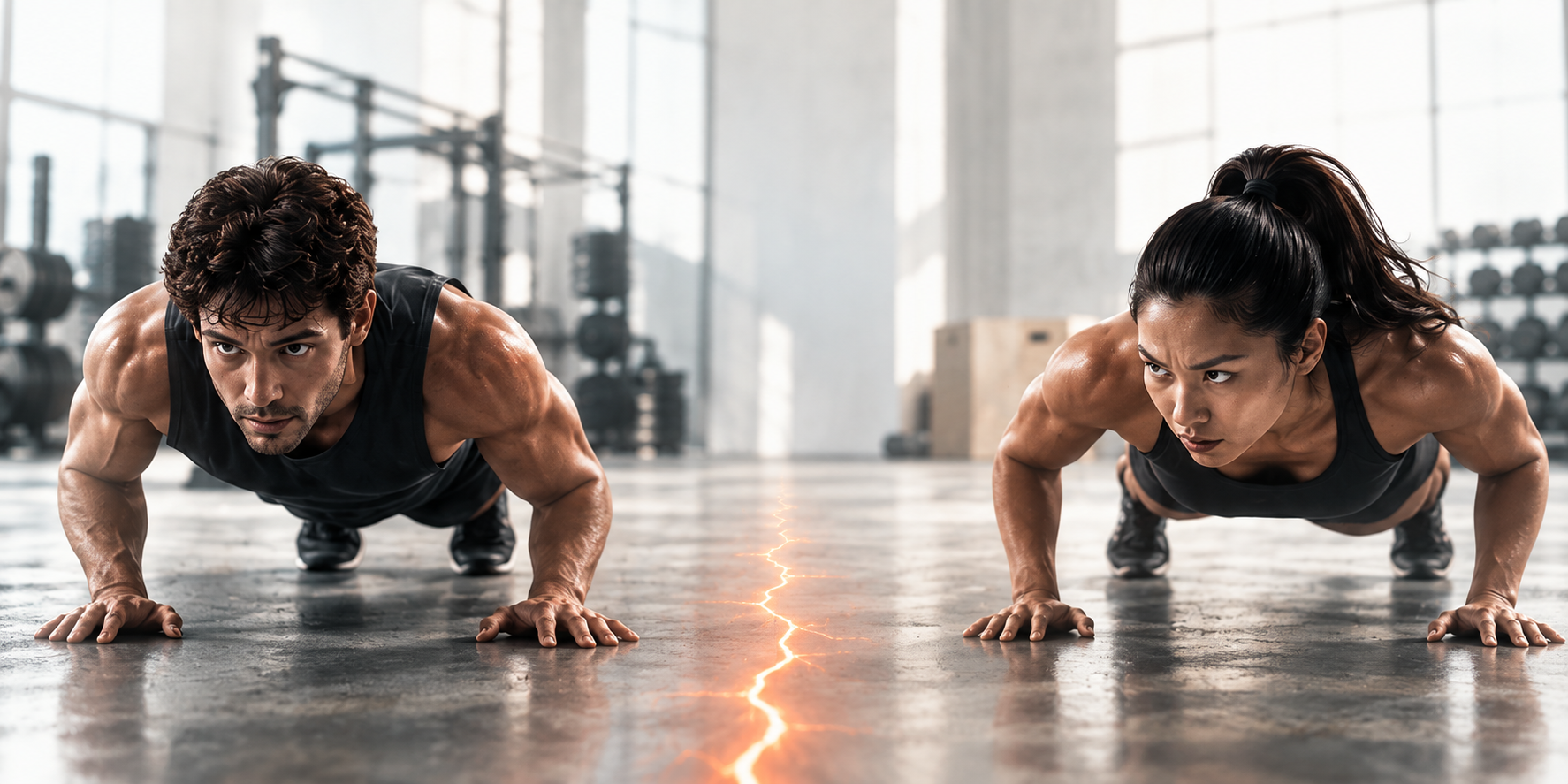 Two athletes competing in a push-up duel